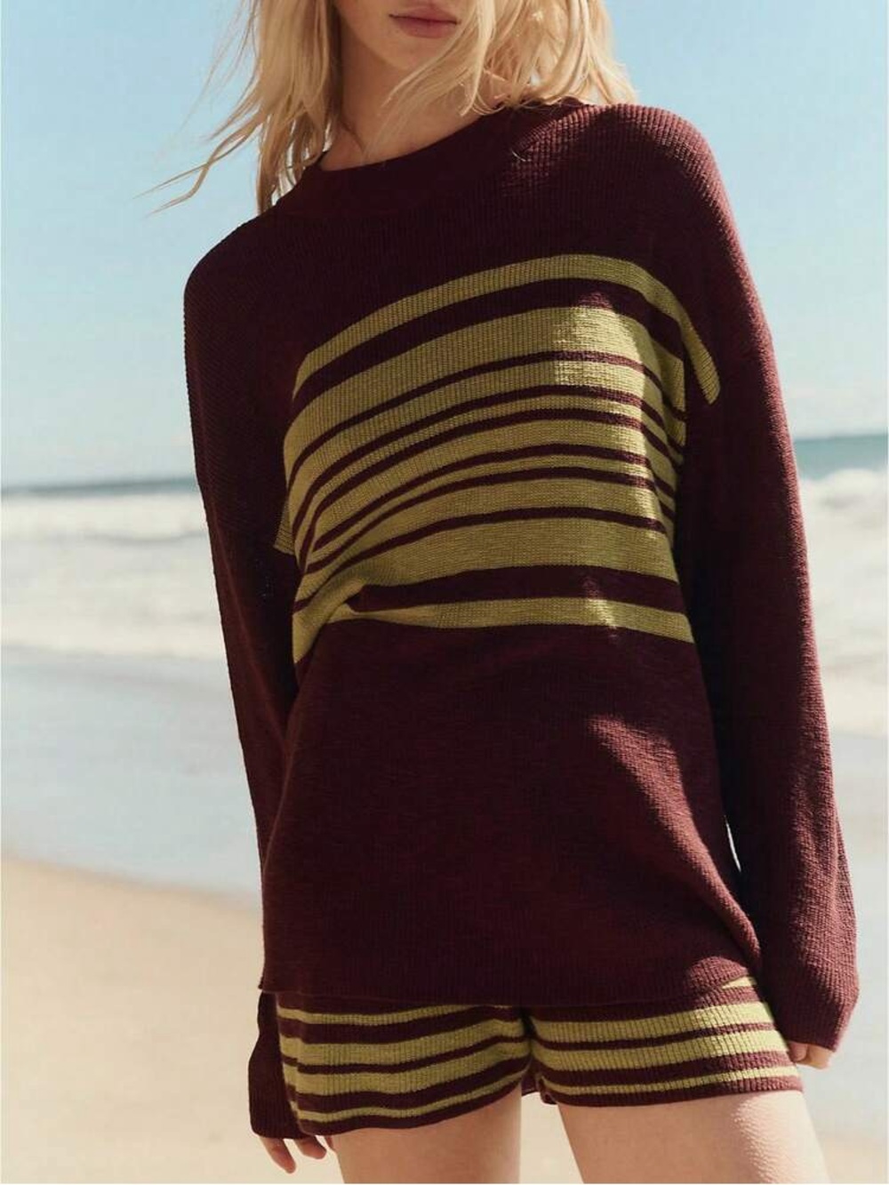 Free People free-est Malibu Striped Knit Surf Sweater Burgundy Brown Size M